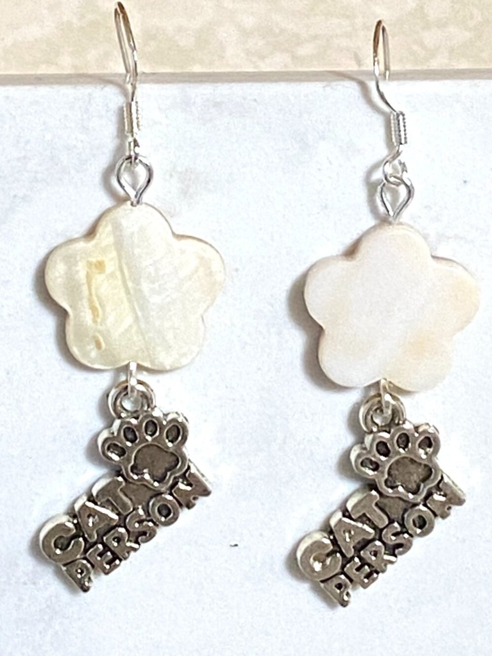 2/$20, Mother of Pearl Flower & Cat Person Dangle Earrings w/ 925 Silver Hooks